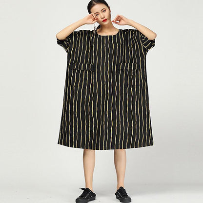 Retro Round Neck Stripe Loose Pocket Dress