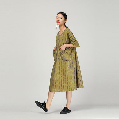 Retro Round Neck Stripe Loose Pocket Dress
