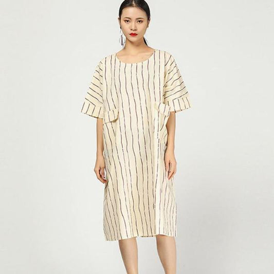 Retro Round Neck Stripe Loose Pocket Dress