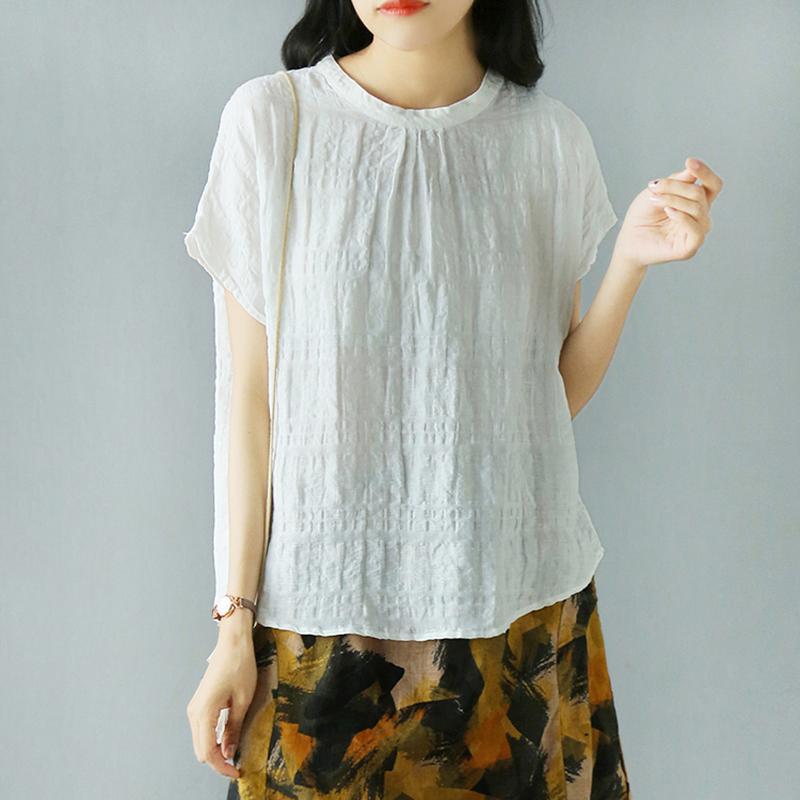 Retro Short Sleeve Solid Cotton Linen Plaid Blouse