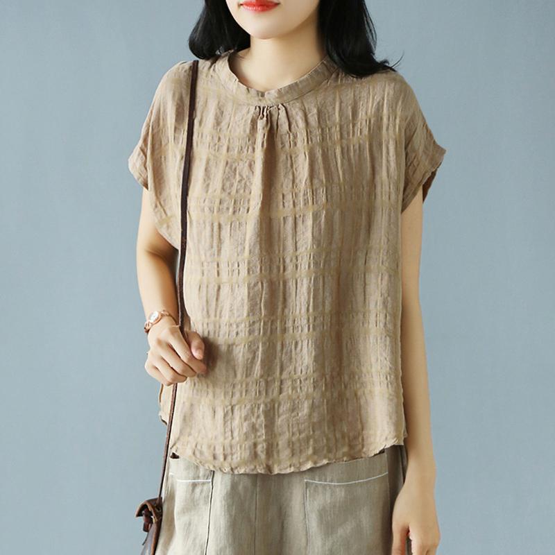 Retro Short Sleeve Solid Cotton Linen Plaid Blouse
