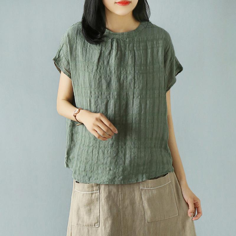 Retro Short Sleeve Solid Cotton Linen Plaid Blouse