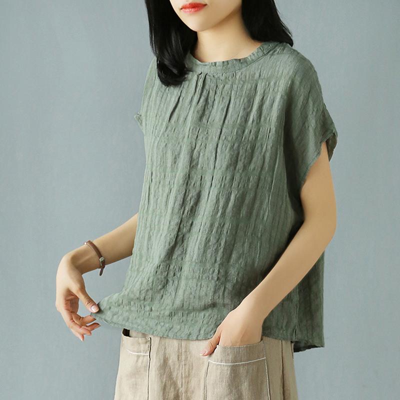 Retro Short Sleeve Solid Cotton Linen Plaid Blouse