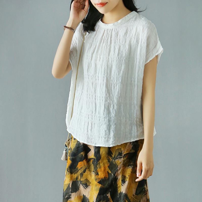 Retro Short Sleeve Solid Cotton Linen Plaid Blouse