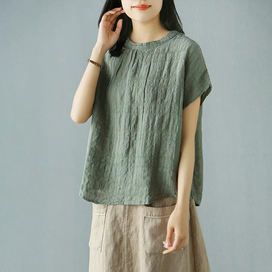 Retro Short Sleeve Solid Cotton Linen Plaid Blouse