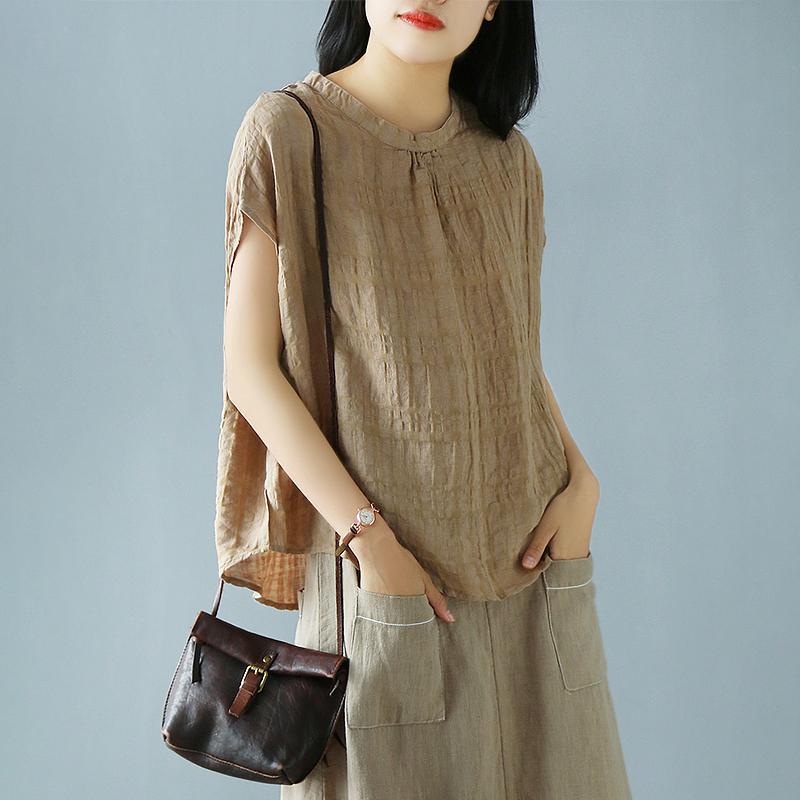 Retro Short Sleeve Solid Cotton Linen Plaid Blouse