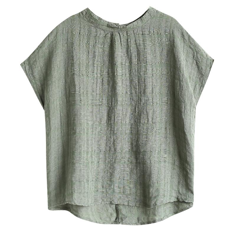 Retro Short Sleeve Solid Cotton Linen Plaid Blouse