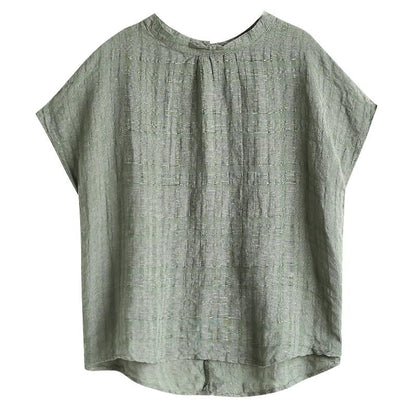 Retro Short Sleeve Solid Cotton Linen Plaid Blouse