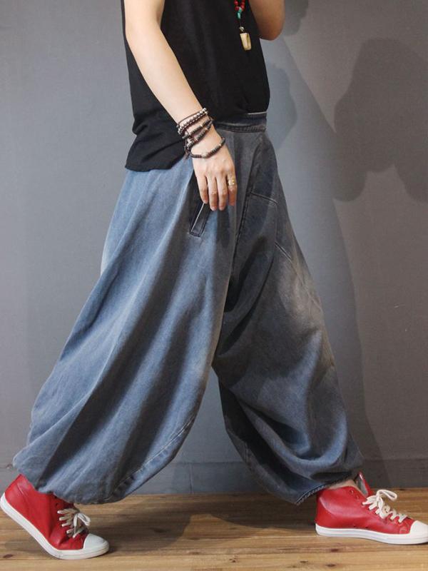 Retro Solid Color Denim Bloom Pants