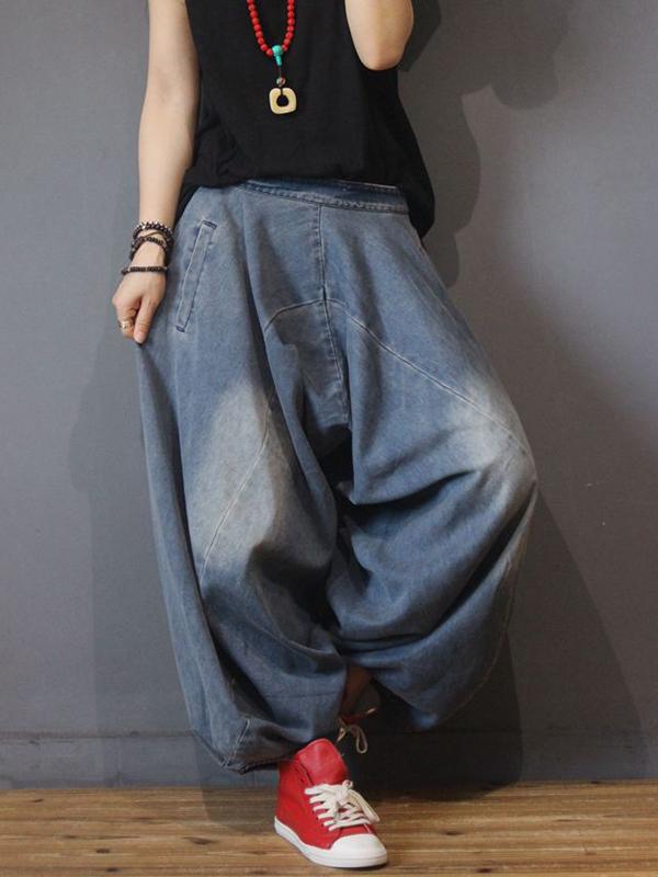 Retro Solid Color Denim Bloom Pants
