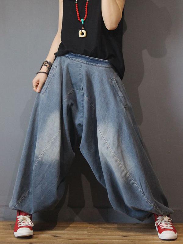 Retro Solid Color Denim Bloom Pants
