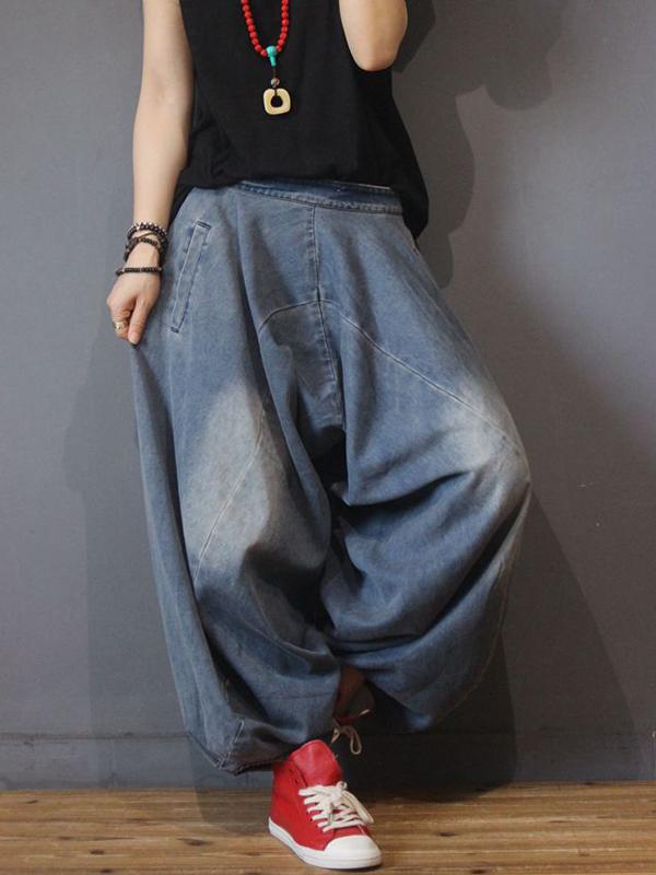 Retro Solid Color Denim Bloom Pants