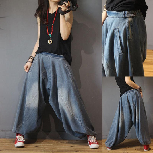 Retro Solid Color Denim Bloom Pants