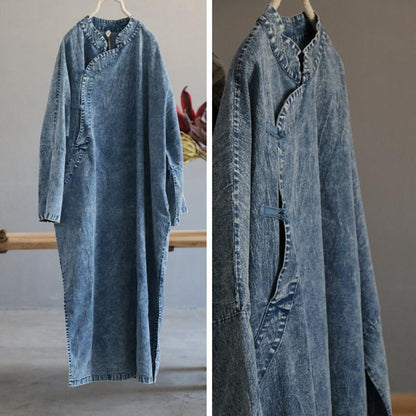 Retro Solid Color Frog Denim Blue Loose Dress