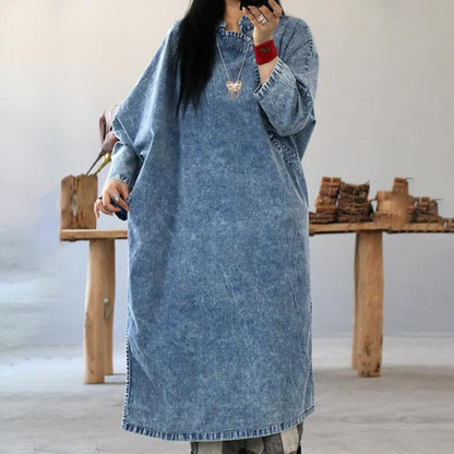 Retro Solid Color Frog Denim Blue Loose Dress