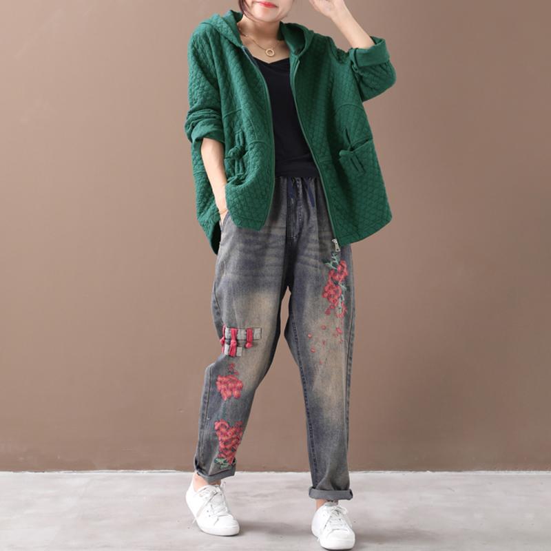 Buykud Retro Solid Color Zipper Autumn Hooded Coat