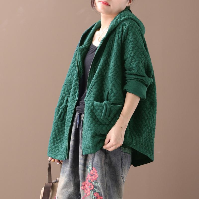 Buykud Retro Solid Color Zipper Autumn Hooded Coat