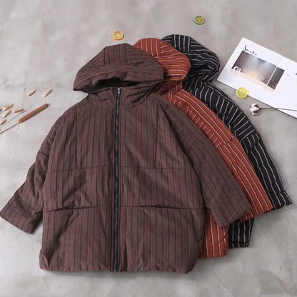 Retro Stripe Warm Thick Hooded Coat