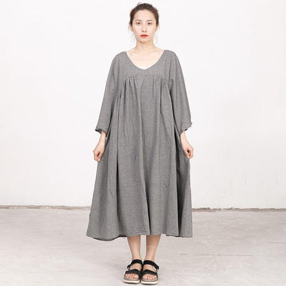 Retro V Neck Three Quarter Sleeve Loose Gray Dress