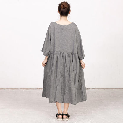 Retro V Neck Three Quarter Sleeve Loose Gray Dress