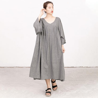 Retro V Neck Three Quarter Sleeve Loose Gray Dress
