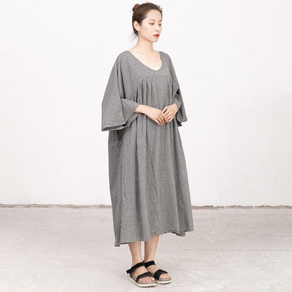 Retro V Neck Three Quarter Sleeve Loose Gray Dress