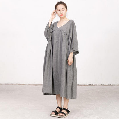 Retro V Neck Three Quarter Sleeve Loose Gray Dress