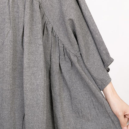 Retro V Neck Three Quarter Sleeve Loose Gray Dress