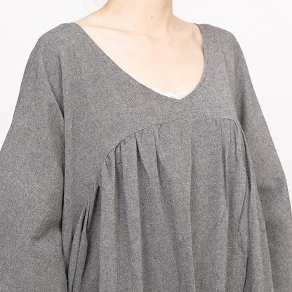 Retro V Neck Three Quarter Sleeve Loose Gray Dress