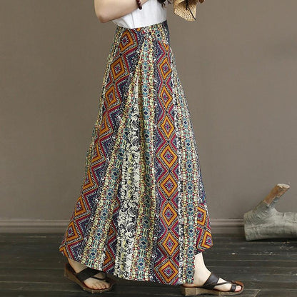Retro Washed Cotton Linen Print Skirt