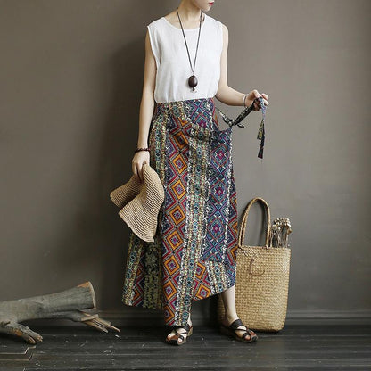 Retro Washed Cotton Linen Print Skirt