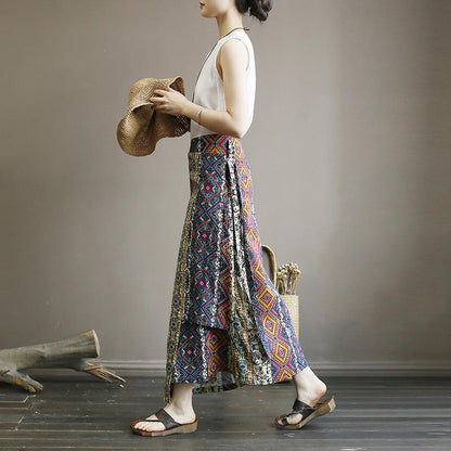 Retro Washed Cotton Linen Print Skirt