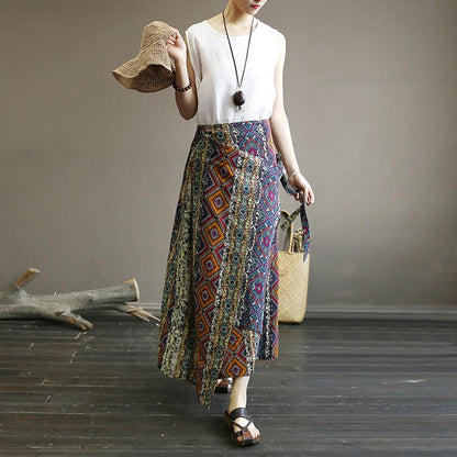 Retro Washed Cotton Linen Print Skirt
