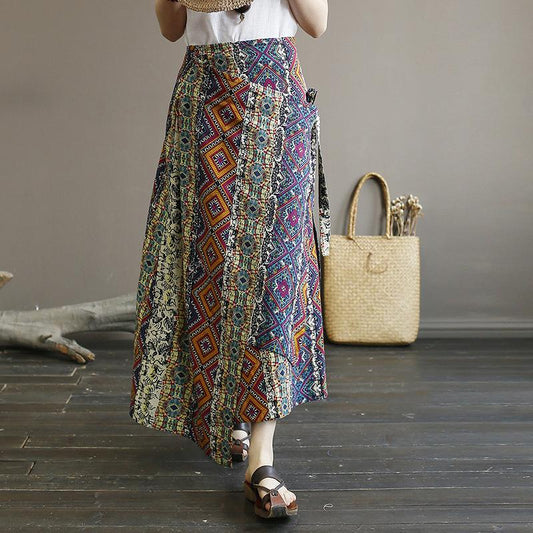 Retro Washed Cotton Linen Print Skirt