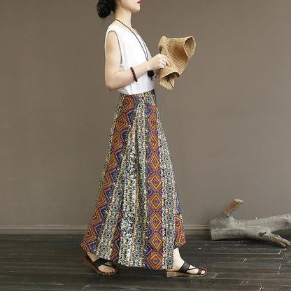 Retro Washed Cotton Linen Print Skirt