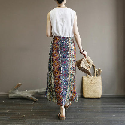 Retro Washed Cotton Linen Print Skirt