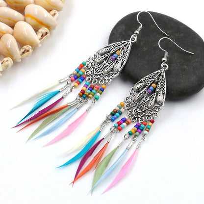 Retro Water Drops Tassel Feather Earrings