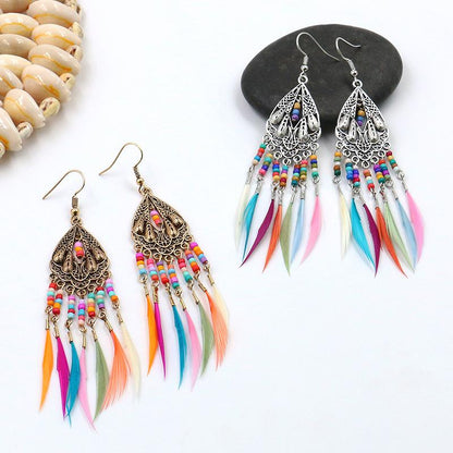 Retro Water Drops Tassel Feather Earrings