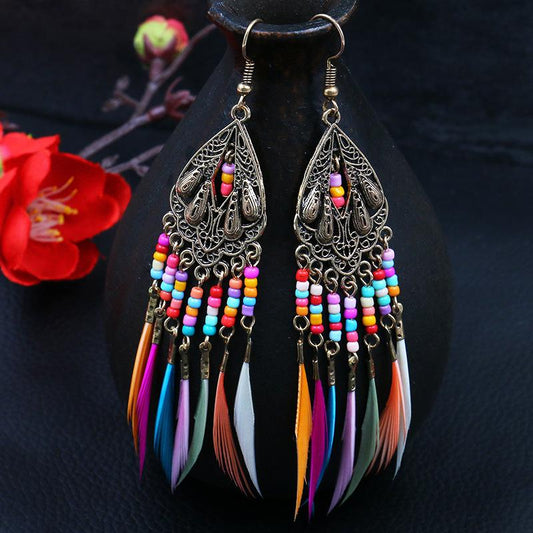 Retro Water Drops Tassel Feather Earrings