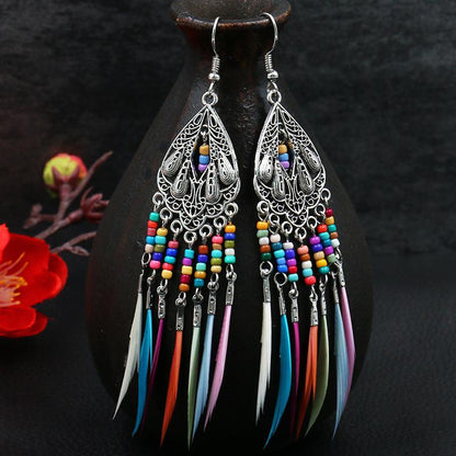 Retro Water Drops Tassel Feather Earrings