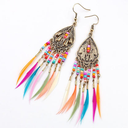 Retro Water Drops Tassel Feather Earrings