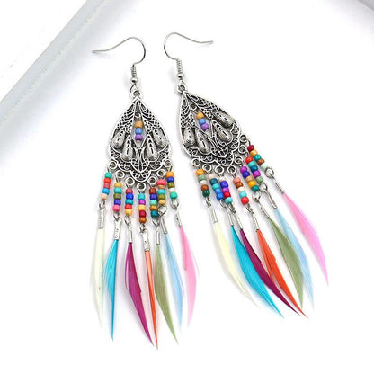 Retro Water Drops Tassel Feather Earrings
