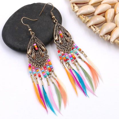 Retro Water Drops Tassel Feather Earrings