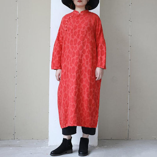 Retro Women Stand Collar Long Sleeve Vintage Dress