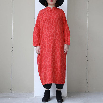 Retro Women Stand Collar Long Sleeve Vintage Dress