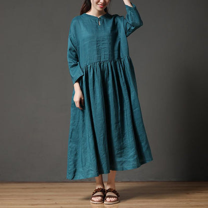 Round Neck Hollow Cotton Linen Green Loose Women Dress