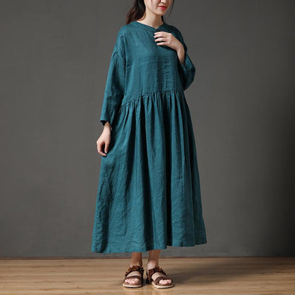 Round Neck Hollow Cotton Linen Green Loose Women Dress