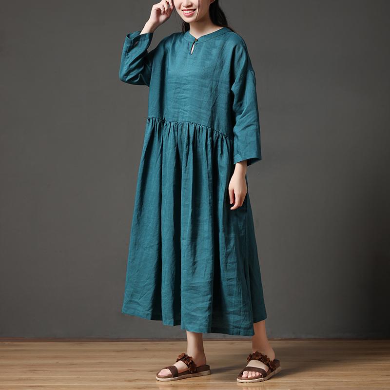 Round Neck Hollow Cotton Linen Green Loose Women Dress
