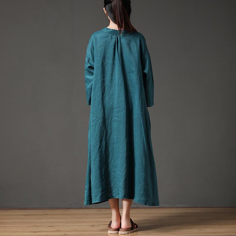 Round Neck Hollow Cotton Linen Green Loose Women Dress
