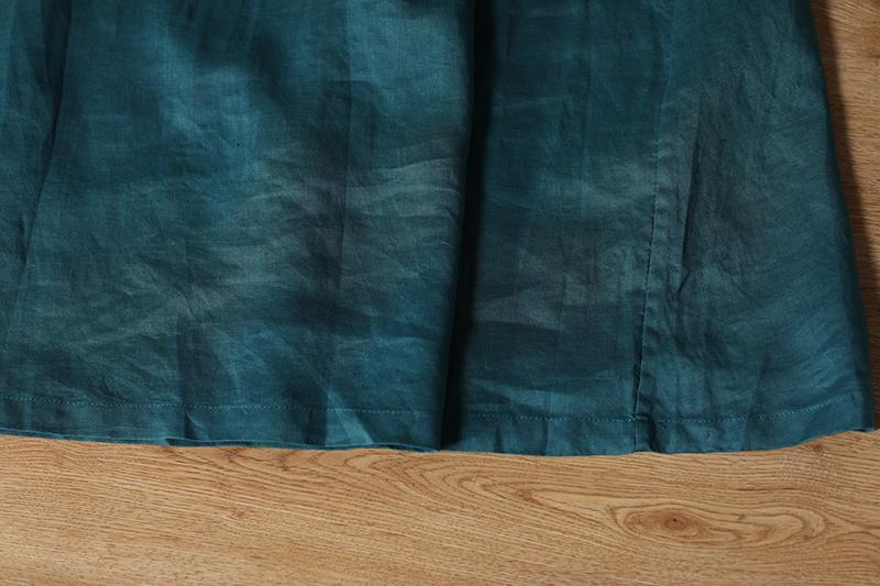 Round Neck Hollow Cotton Linen Green Loose Women Dress